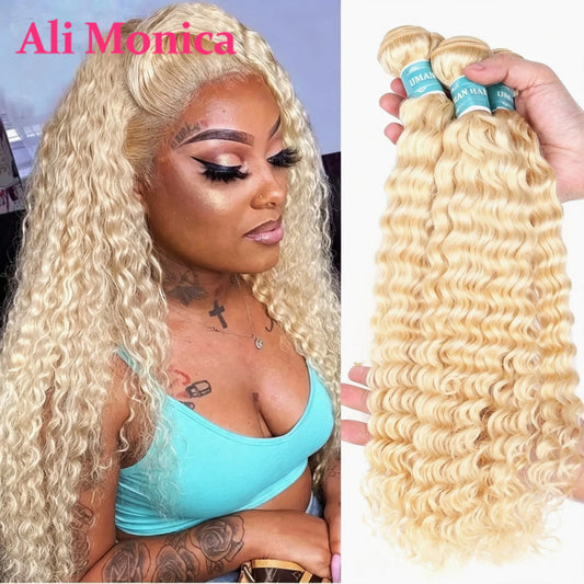 613 Blonde Deep Wave Human Hair Bundles 30 32 inch Long Remy Brazilian Curly Blonde Hair 1 3 4 Bundle Deals Free Shipping  Weave
