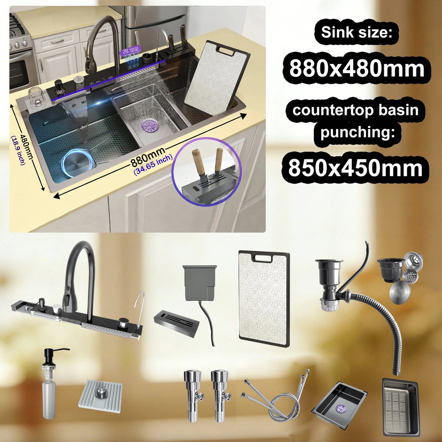 Stainless Steel Kitchen Sink Multifunctional Digital Display Waterfall Large Single Slot Ships from the U.S.