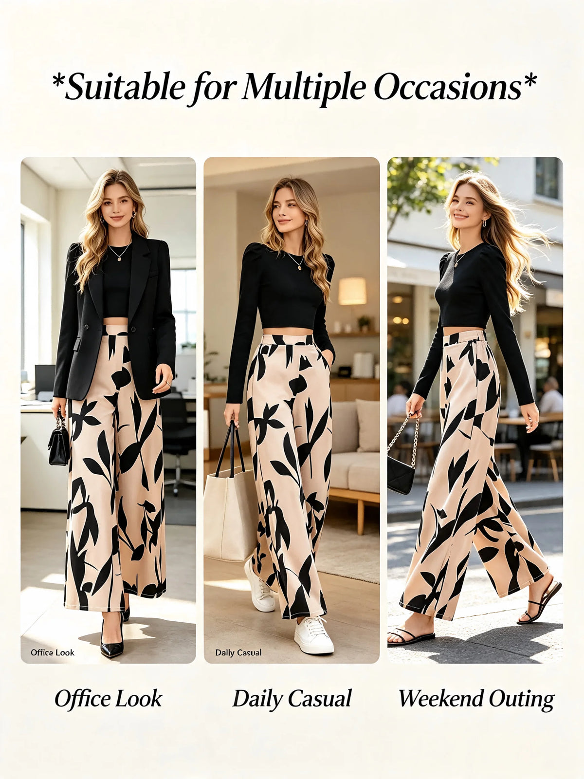 Women's High Waist Floral Print Wide-Leg Pants Loose Casual Long Pants Elegant Office Streetwear