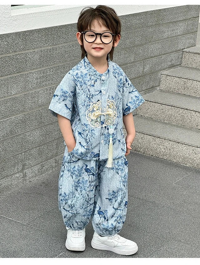 Fashion Baby Tang Costume Tops Pants Two-piece Set Boy Outfit Casual Children's Sets Summer Tweens Boys Hanfu Suit Kids Clothing