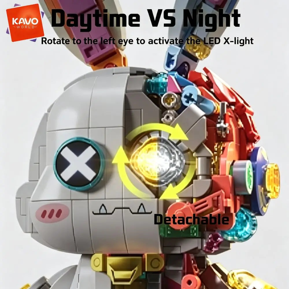 KAVOWORLD 1377pcs Mecha Technical Rabbit Building Blocks Set Cyber Bunny Model Kit Mechanical Animal Building Bricks Robot Bunny Figure Cyborg Toy Tech Bunny LED Light Up Glow in Dark Collectible Display Posable Joints DIY As