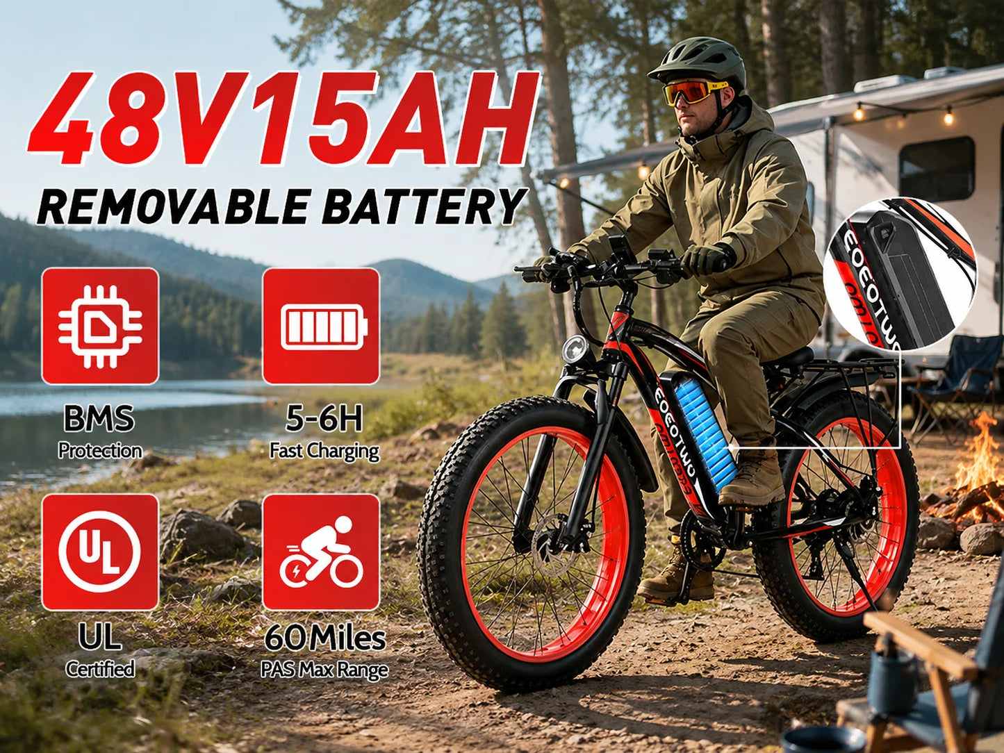 EOEOTWO 26" Fat Tire Electric Bike for Adults, 1000W Motor 1500W Peak, 48V 15Ah Battery, 34 MPH Max Speed, Up to 60 Miles Long Range