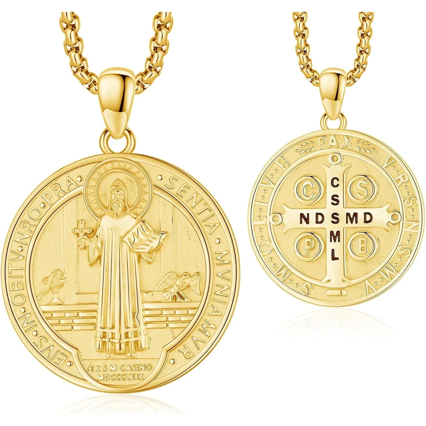 DRINSPER Saint Benedict Necklace 18K Gold Plated Silver Pendant