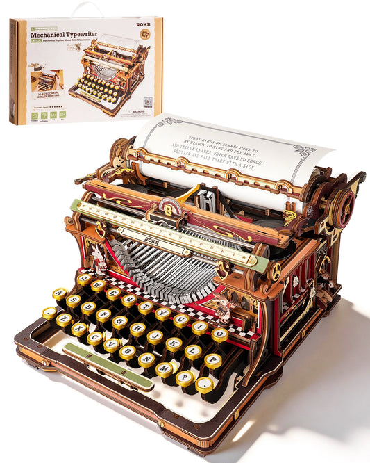ROKR 3D Wooden Typewriter Puzzle – Black and Gold Mechanical Model Kit, DIY Toy, Vintage Decoration, Adult Collectible Gift