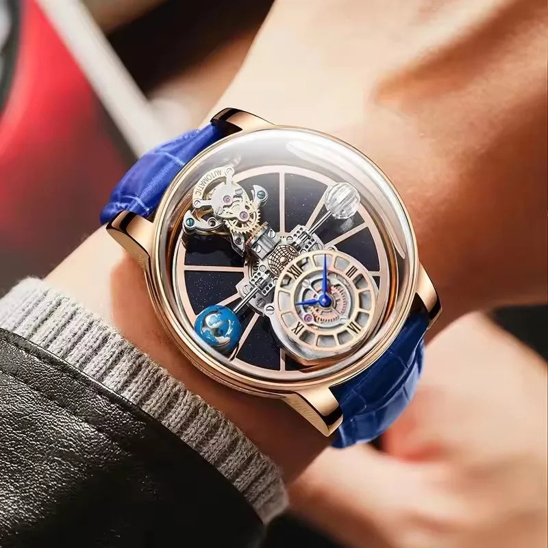 PINDU Design Man Wristwatch Transparent Hollow Design Celestial Roulette Quartz Watches Water Resistant Leather Men's Watch Box