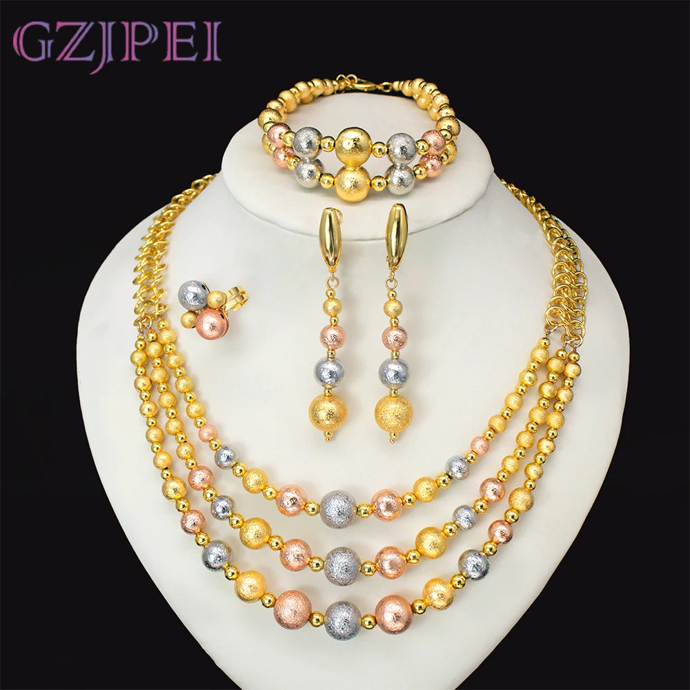GZJPEI 4 Pcs/set 2026 Fashion Women Jewelry Set Multi Layer Three Tone Beads Jewelry Accessories For Lady Birthday Gifts