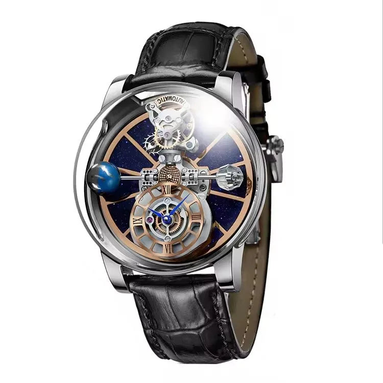 PINDU Design Man Wristwatch Transparent Hollow Design Celestial Roulette Quartz Watches Water Resistant Leather Men's Watch Box