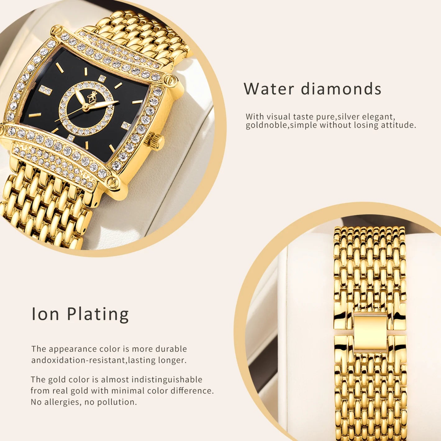 YaLaLuSi Fashion Waterproof Sports Watch Women, Gold Diamond Black Dial Square Wristwatch, Luxury Dress Timepiece, Free Shipping