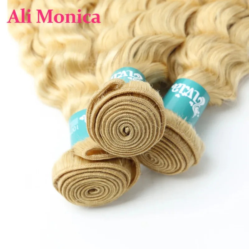 613 Blonde Deep Wave Human Hair Bundles 30 32 inch Long Remy Brazilian Curly Blonde Hair 1 3 4 Bundle Deals Free Shipping  Weave
