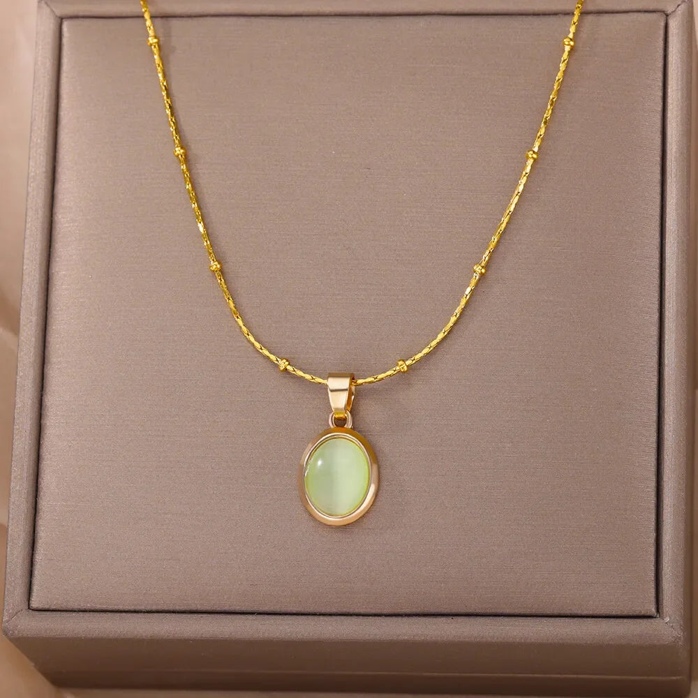 Fashion Stone Opal Oval Necklace For Women Stainless Steel Gold Color Oval Stone Pendant Necklace Wedding Aesthetic Jewelry Gift