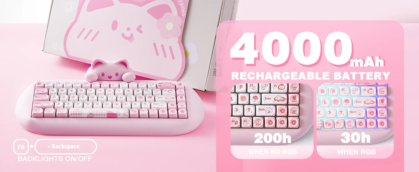 YUNZII C68 Wireless Gaming Keyboard, Hi-Fi Cute Cat Custom RGB Mechanical Keyboard, Silicone 65% Hot Swap Ergonomic Kitty Keeb