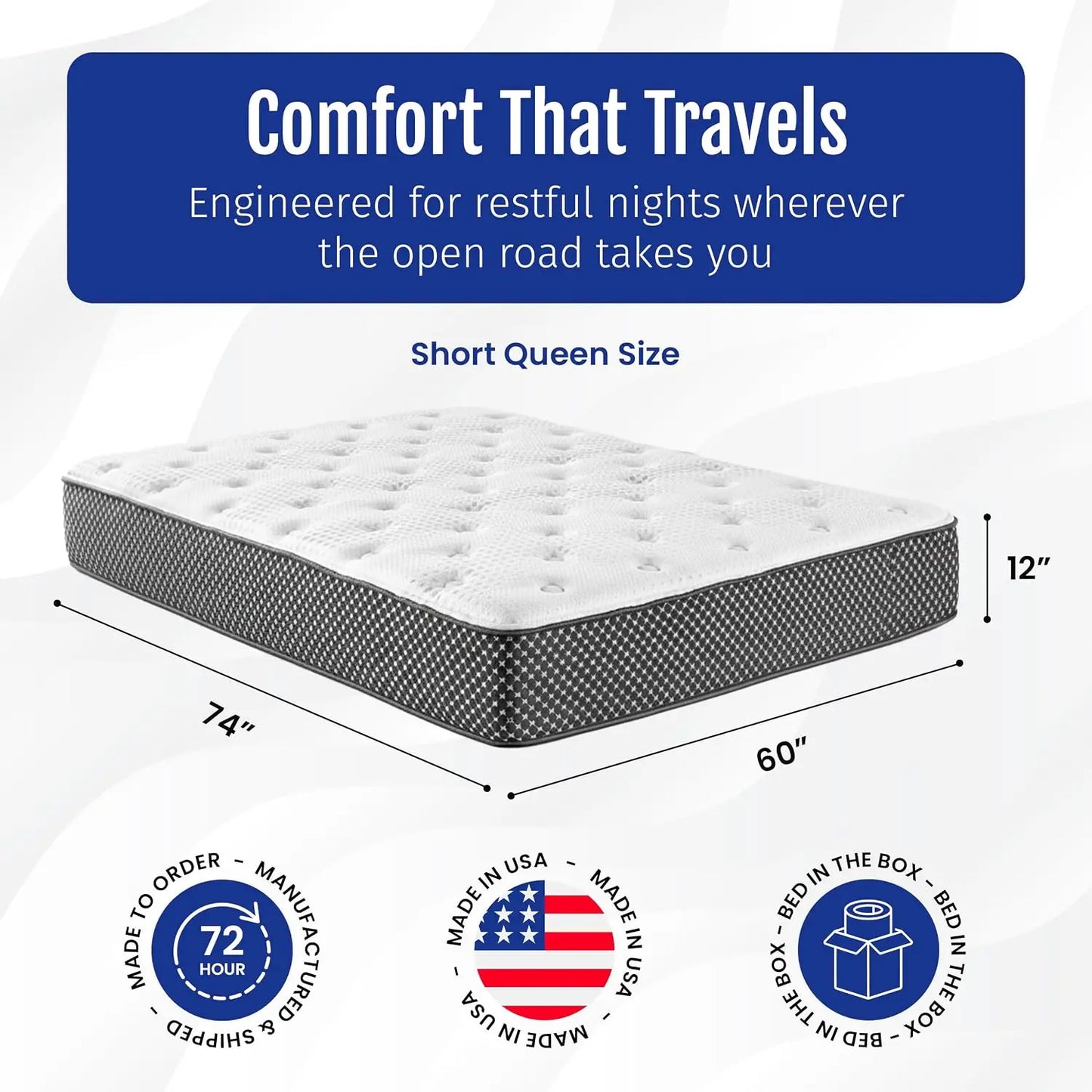 WanderRest 12” Cool Hybrid RV Mattress, Short Queen 60x74, Plush-Medium Gel Memory Foam & Pocketed Coil Bed for RV,, Custom