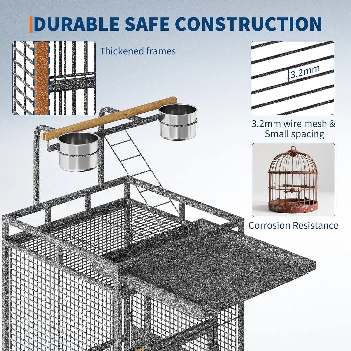 Large Bird Cage, Metal Parakeet Cage with Play Top, Wood Perches & Feeder, Spacious Rolling Flight Cage for Parrots, Cockatiels