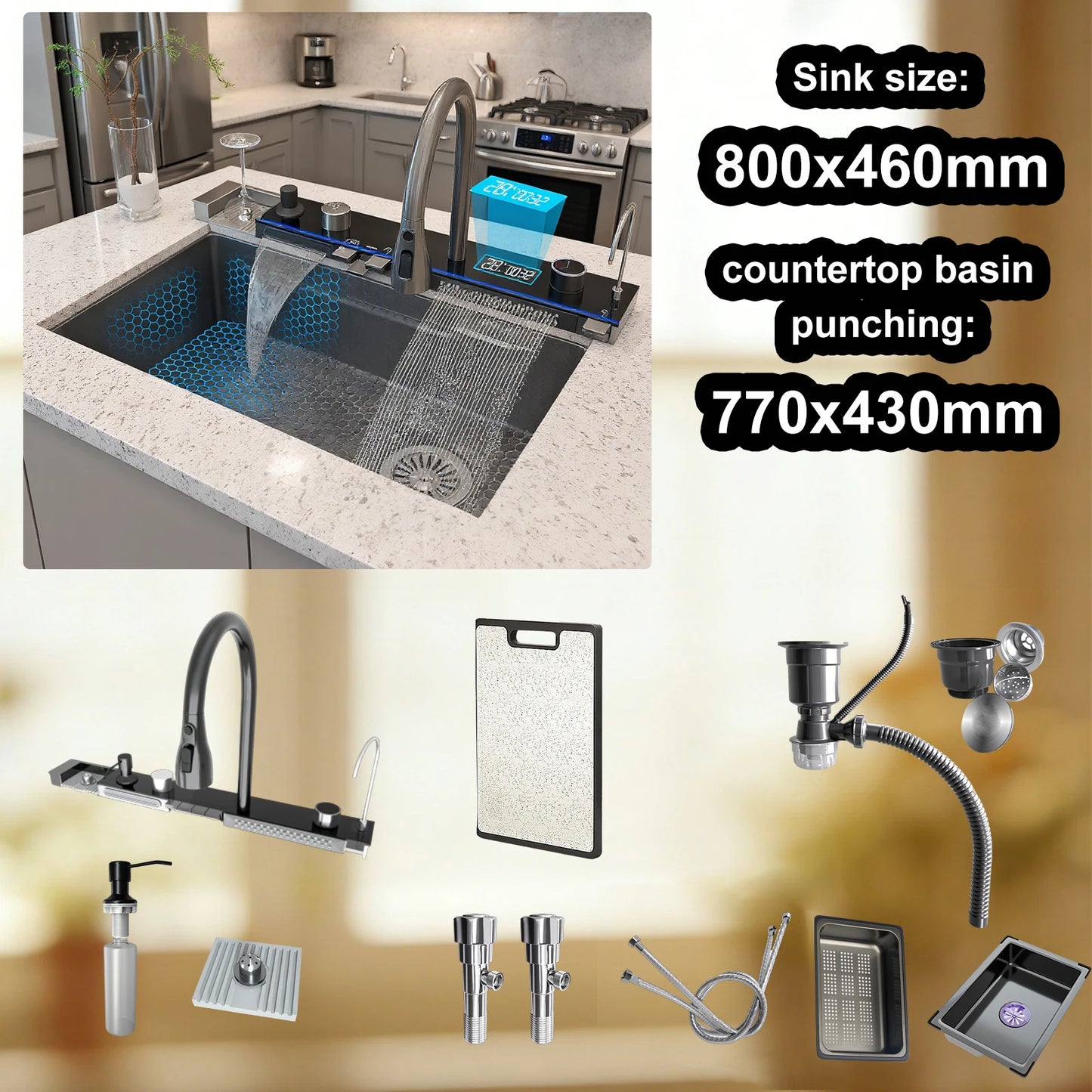Stainless Steel Kitchen Sink Multifunctional Digital Display Waterfall Large Single Slot Ships from the U.S.