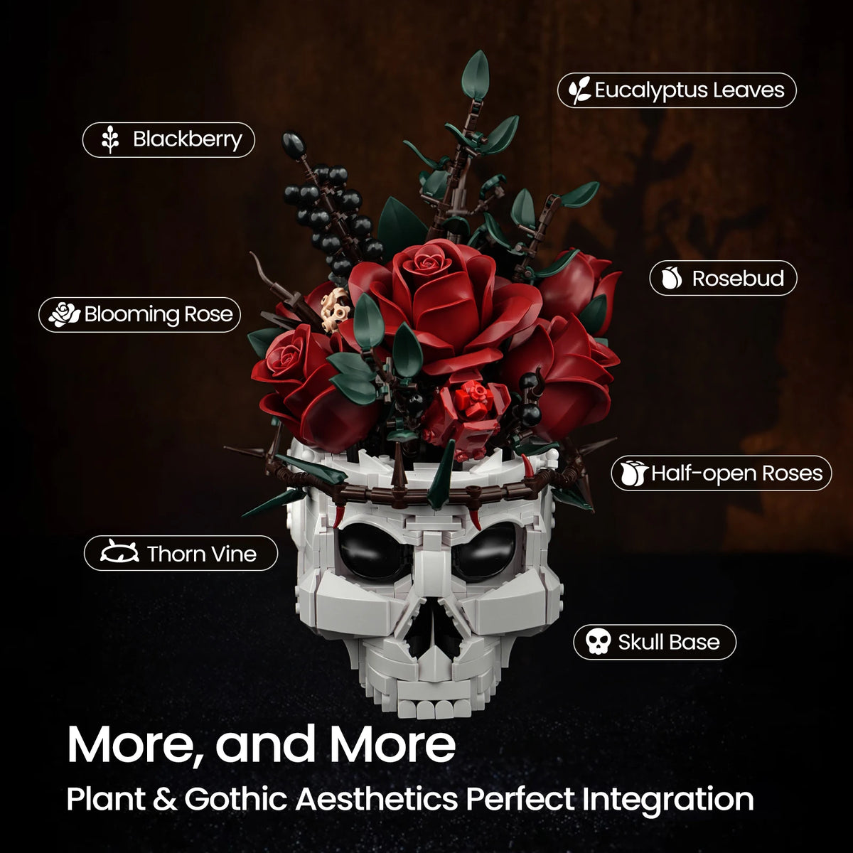 SupreOwls Skull Flowers Building Blocks Set Gothic Roses Bouquet Toy Skeleton Planter Pot Floral Decor Collection Gift for Adult