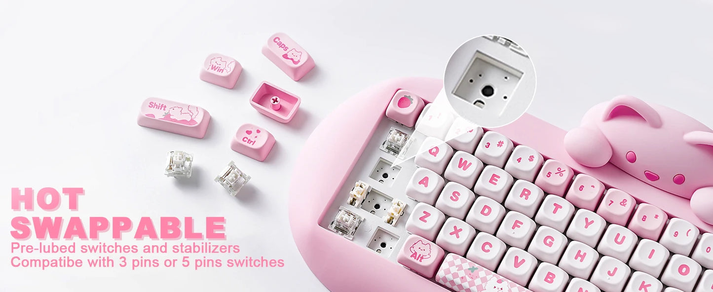 YUNZII C68 Wireless Gaming Keyboard, Hi-Fi Cute Cat Custom RGB Mechanical Keyboard, Silicone 65% Hot Swap Ergonomic Kitty Keeb