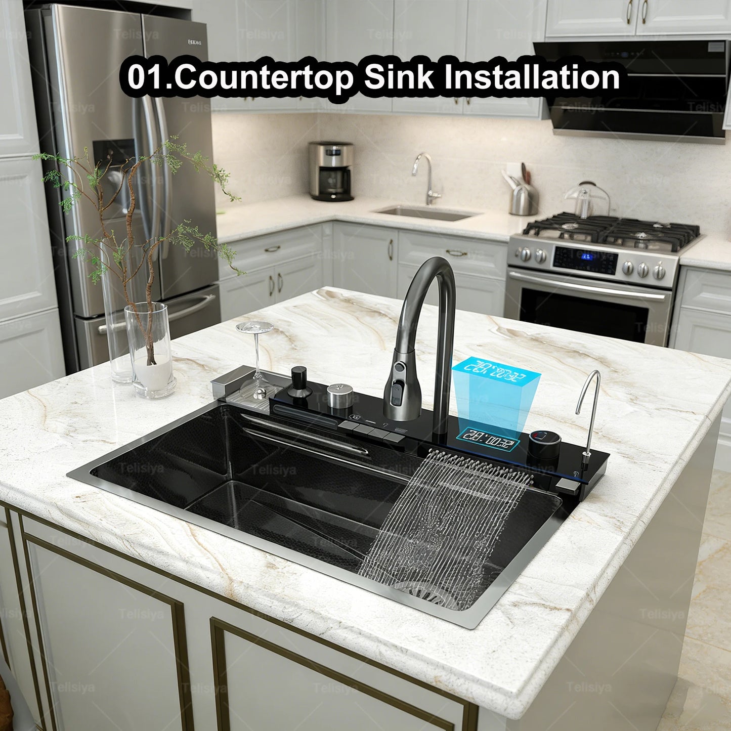 Stainless Steel Kitchen Sink Multifunctional Digital Display Waterfall Large Single Slot Ships from the U.S.