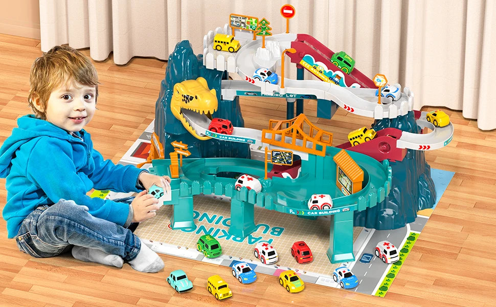 Boys Dinosaur Race Track Playset - Dinosaur Rolling Hill Car Track Cars Ramp Track Toys Toys Mountain Track, Mini Cars For Kids