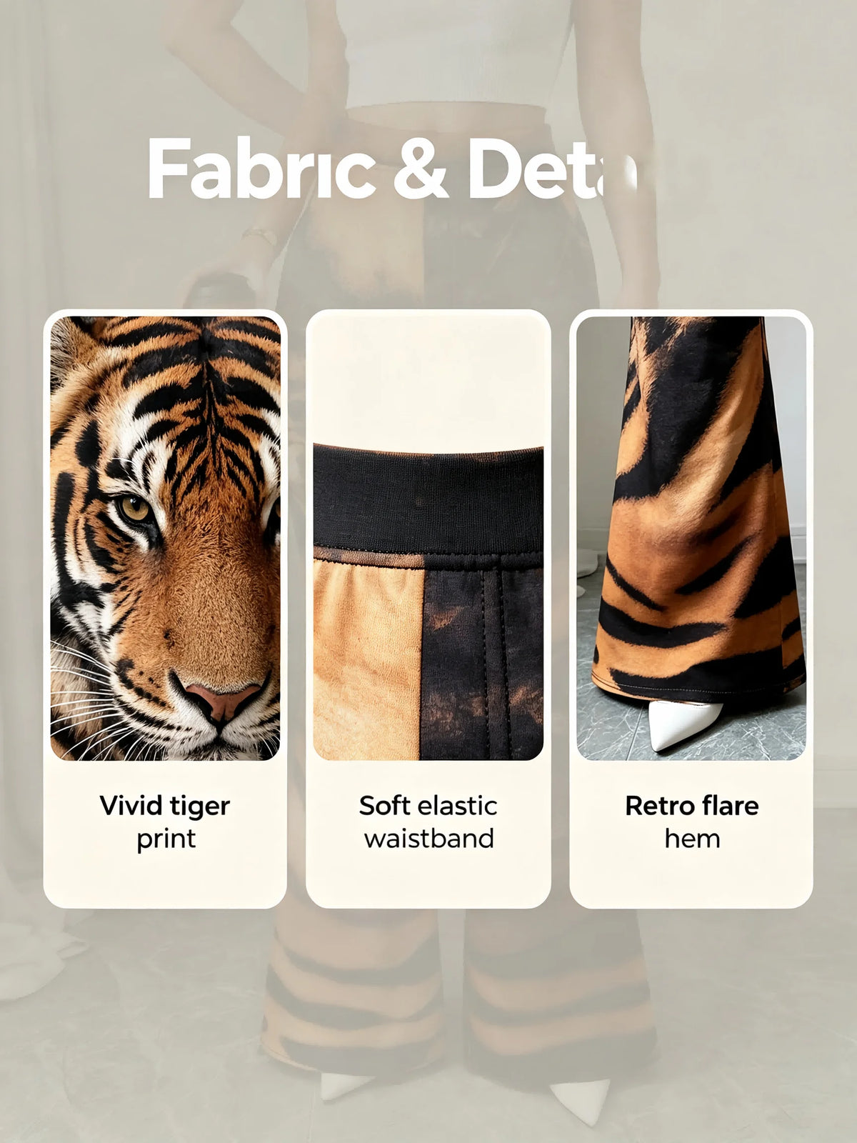 Women High Waist Tiger Print Flare Pants Vintage Animal Pattern Stretch Bell‑Bottom Trousers Club Party Streetwear Pants