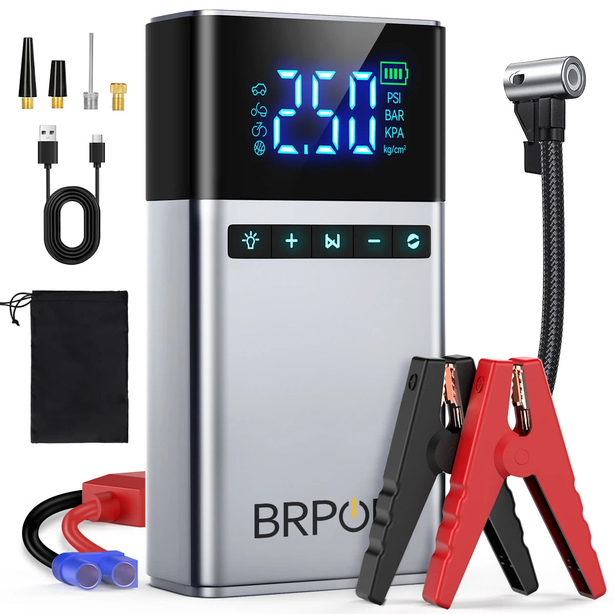 BRPOM 26800mAh Portable Car Starter with Air Compressor 180 PSI 6000A Starter 12V Car Battery Starter Box Car Battery Jumper Starter