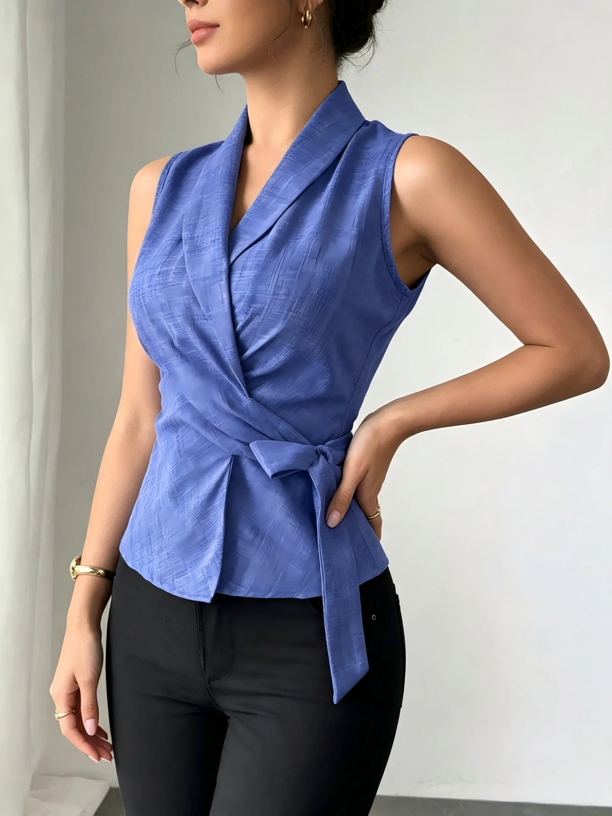 Women Blue Wrap Tie Waist Blouse Sleeveless V-Neck Slim Fit Office Casual Summer Top