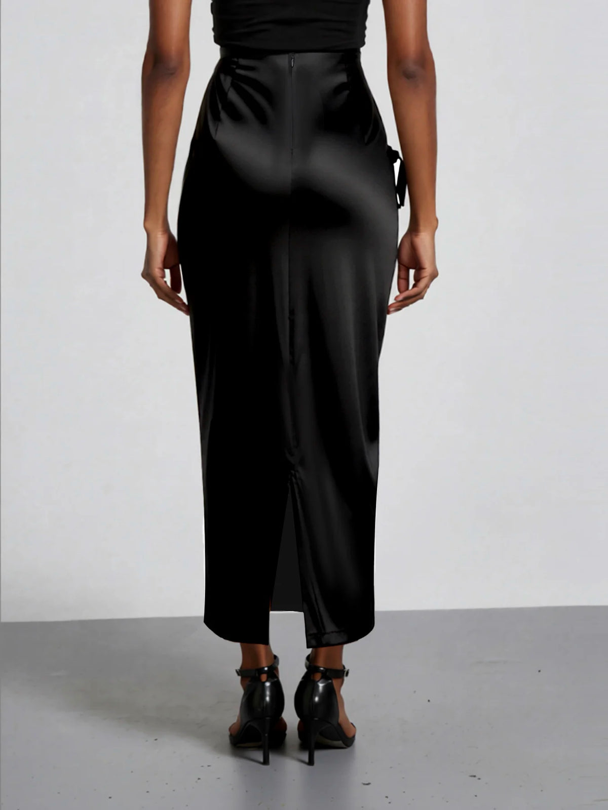 Women Black Satin High Waist Midi Skirt Ruched Drawstring Bodycon Long Skirt Elegant Club Party Evening Cocktail Wear