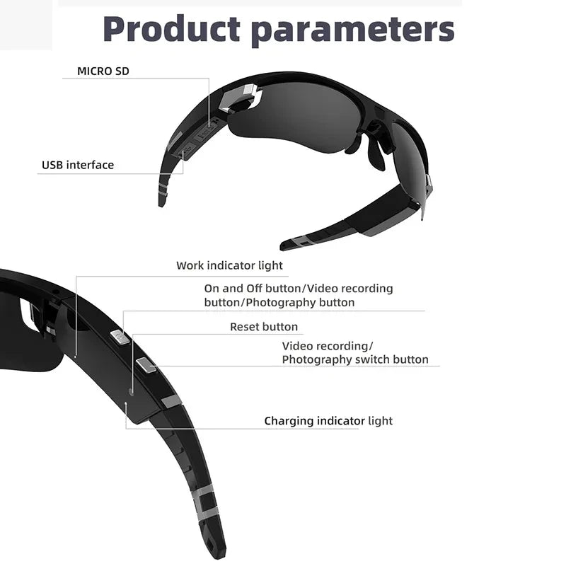 Camera Glasses Video Sunglasses 1080P Full HD Video Recording Shooting Camera Glasses for Cycling Driving Hiking Fishing Hunting