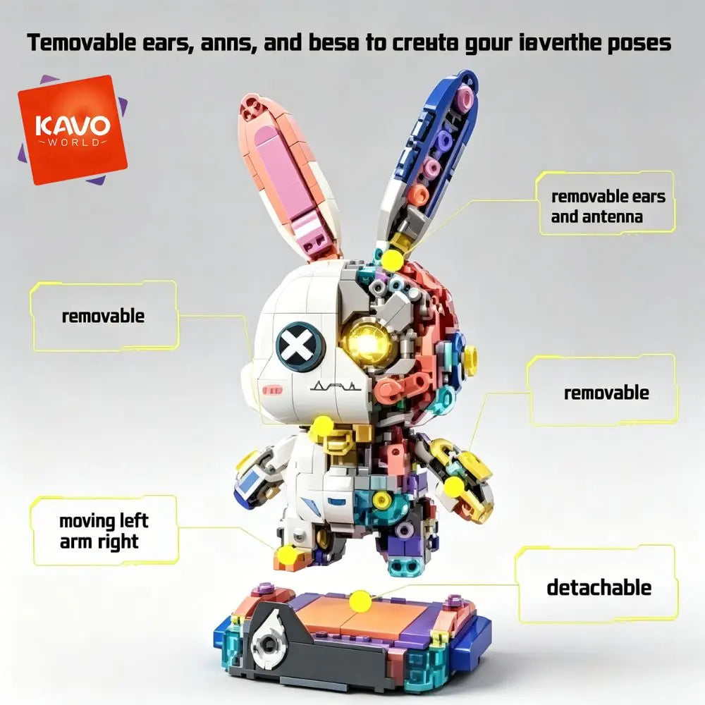 KAVOWORLD 1377pcs Mecha Technical Rabbit Building Blocks Set Cyber Bunny Model Kit Mechanical Animal Building Bricks Robot Bunny Figure Cyborg Toy Tech Bunny LED Light Up Glow in Dark Collectible Display Posable Joints DIY As