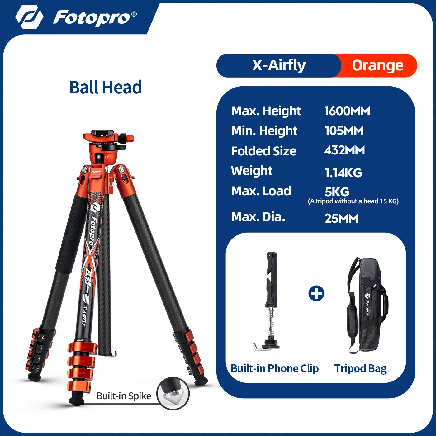 Fotopro X-Airfly Video Carbon Fiber Tripod 164CM Portable Travel Tripod for Camera with  Ball Head Fluid Head  Flip Lock