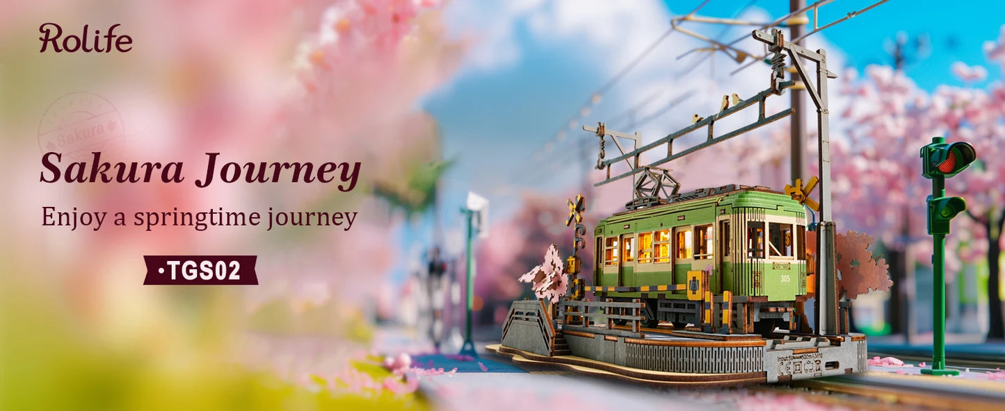 Rolife Wooden 3D Puzzle Sakura Journey Tram DIY Model Building Toy with LED for Bookshelf Home Decor Gifts for Adults Family