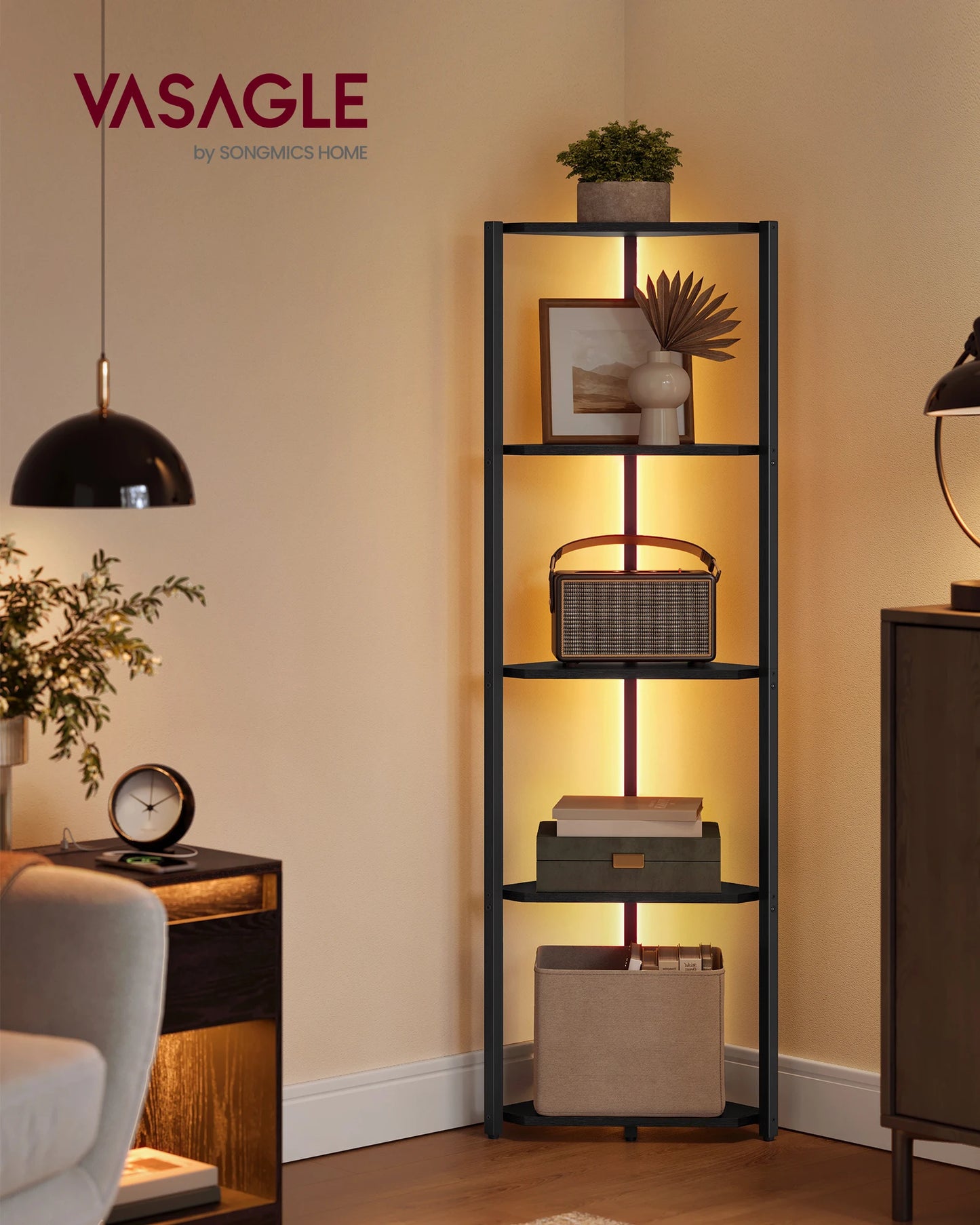 VASAGLE Corner Shelf Stand with LED Lights, 5-Tier Corner Bookshelf, Storage Shelf with Steel Frame, 9.8 x 18.9 x 57.7 Inches, f