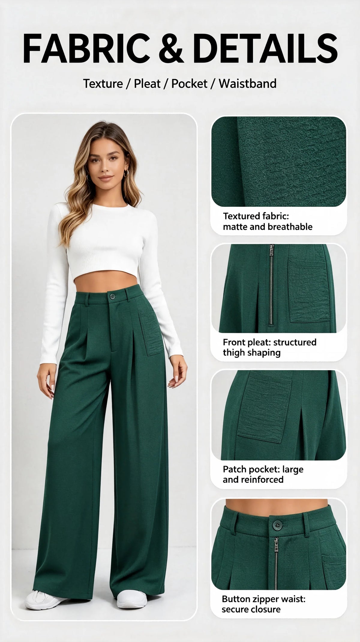 Women Green Textured Wide Leg Pants High Waist Button Front Pleated Trousers With Pockets Casual Office Business Straight Long Palazzo Pants