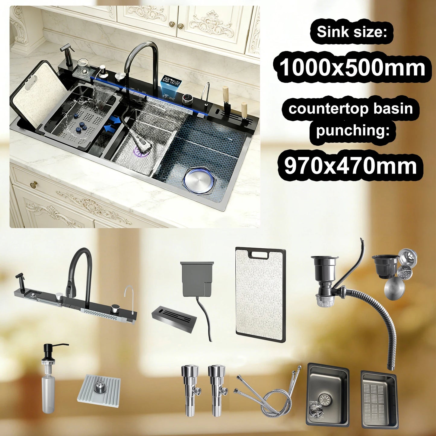 Stainless Steel Kitchen Sink Multifunctional Digital Display Waterfall Large Single Slot Ships from the U.S.