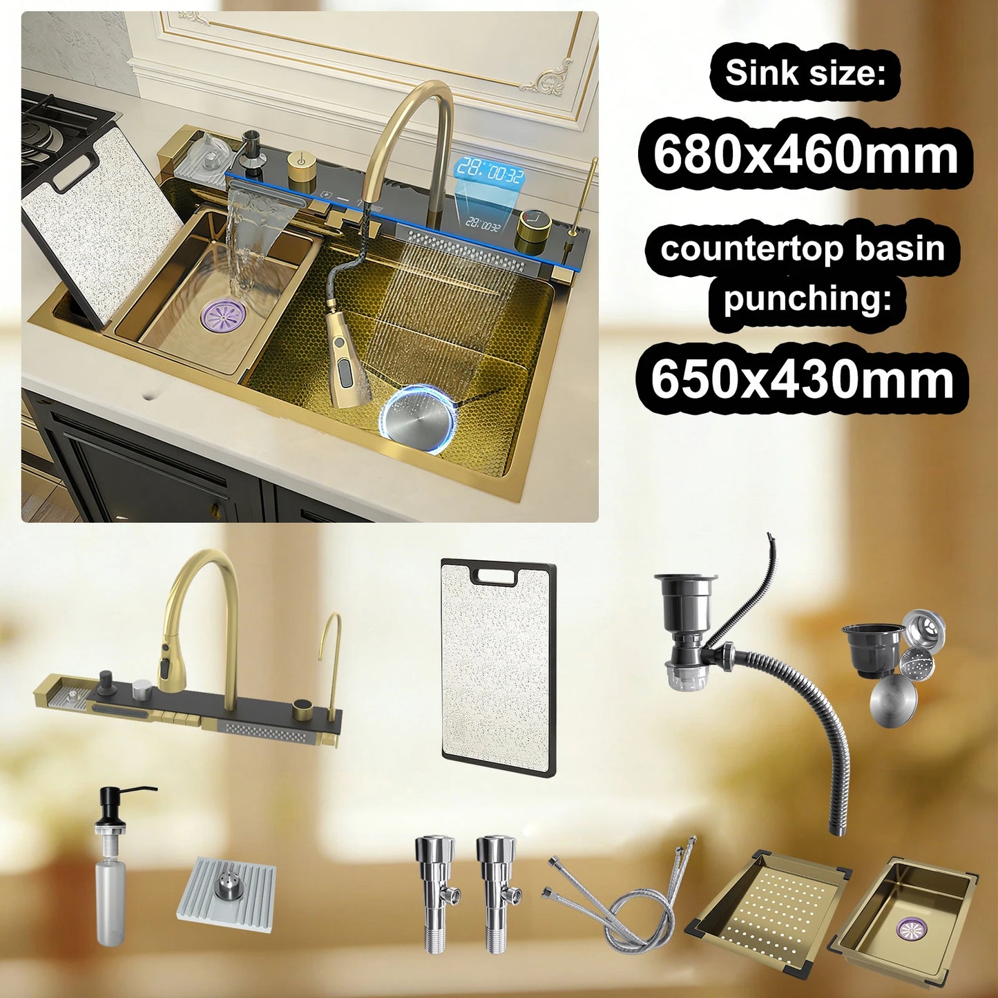 Stainless Steel Kitchen Sink Multifunctional Digital Display Waterfall Large Single Slot Ships from the U.S.