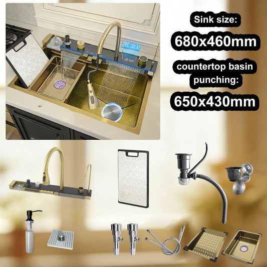 Stainless Steel Kitchen Sink Multifunctional Digital Display Waterfall Large Single Slot Ships from the U.S.