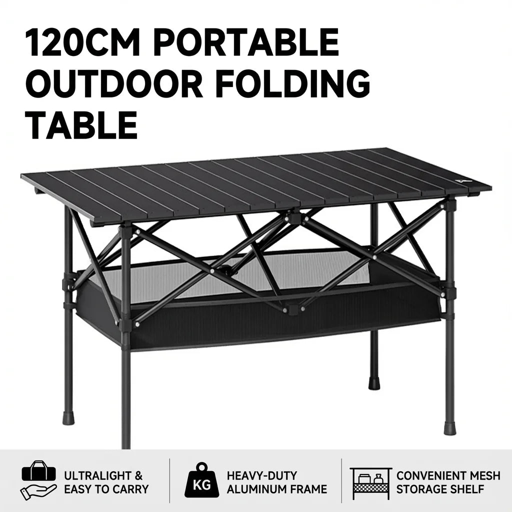 Portable Folding Outdoor Table, 95cm/120cm Lightweight Camping Table with Mesh Storage Shelf, Waterproof Scratch-Resistant Top, Carry Bag Included for Picnic, Beach & RV