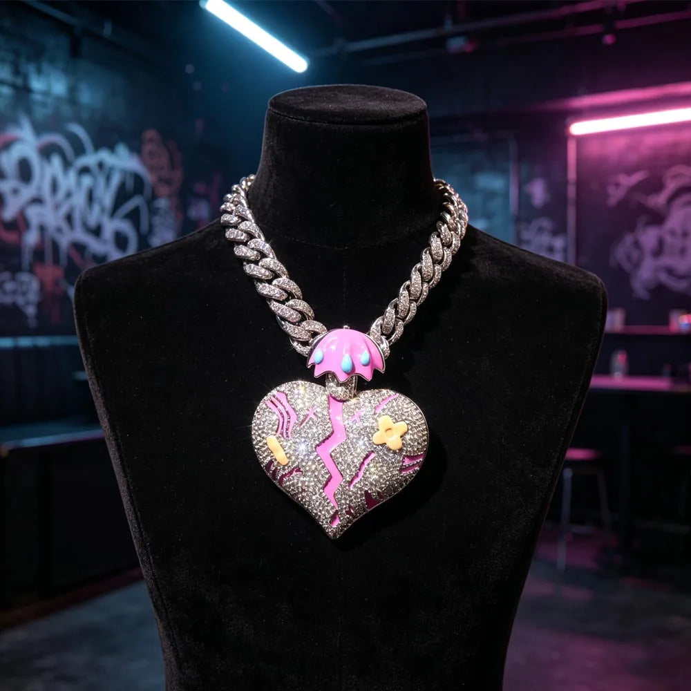 18K Gold Plated Broken Heart Charm Hip Hop Cuban Chain Necklace Iced Out Broken Heart Umbrella Tears Pendant Full Paved CZ For Rapper Street Style Club Party Daily Wear Emotional Statement Accessory Trendy Gift Y2K Sad Healin