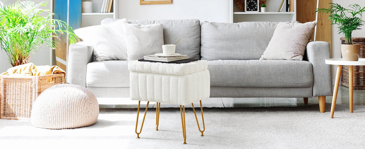 JHK Faux Fur Upholstered Storage Ottoman Metal Legs Padded Seat