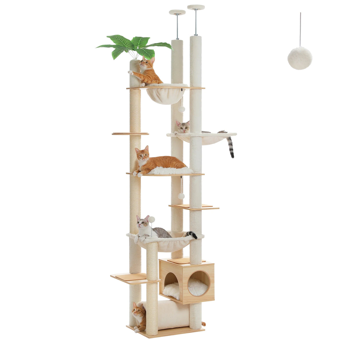 Height Adjustable Wooden Cat Tree with Large Hammock Sisal Scratching Posts Floor to Ceiling Cat Tower Cozy Cat Condo for Indoor