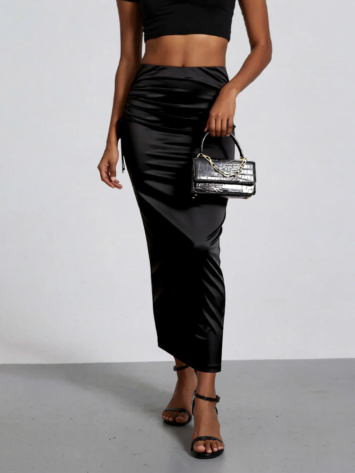 Women Black Satin High Waist Midi Skirt Ruched Drawstring Bodycon Long Skirt Elegant Club Party Evening Cocktail Wear