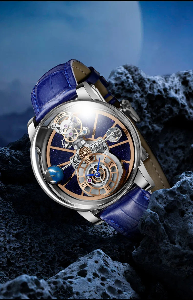 PINDU Design Man Wristwatch Transparent Hollow Design Celestial Roulette Quartz Watches Water Resistant Leather Men's Watch Box