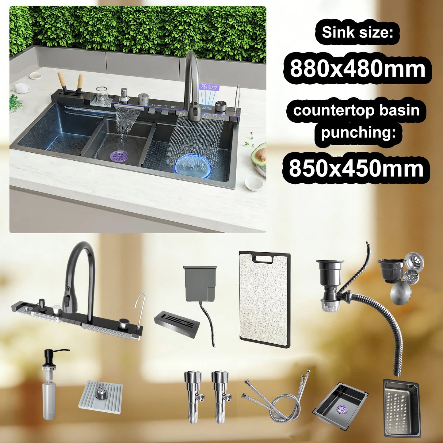 Stainless Steel Kitchen Sink Multifunctional Digital Display Waterfall Large Single Slot Ships from the U.S.