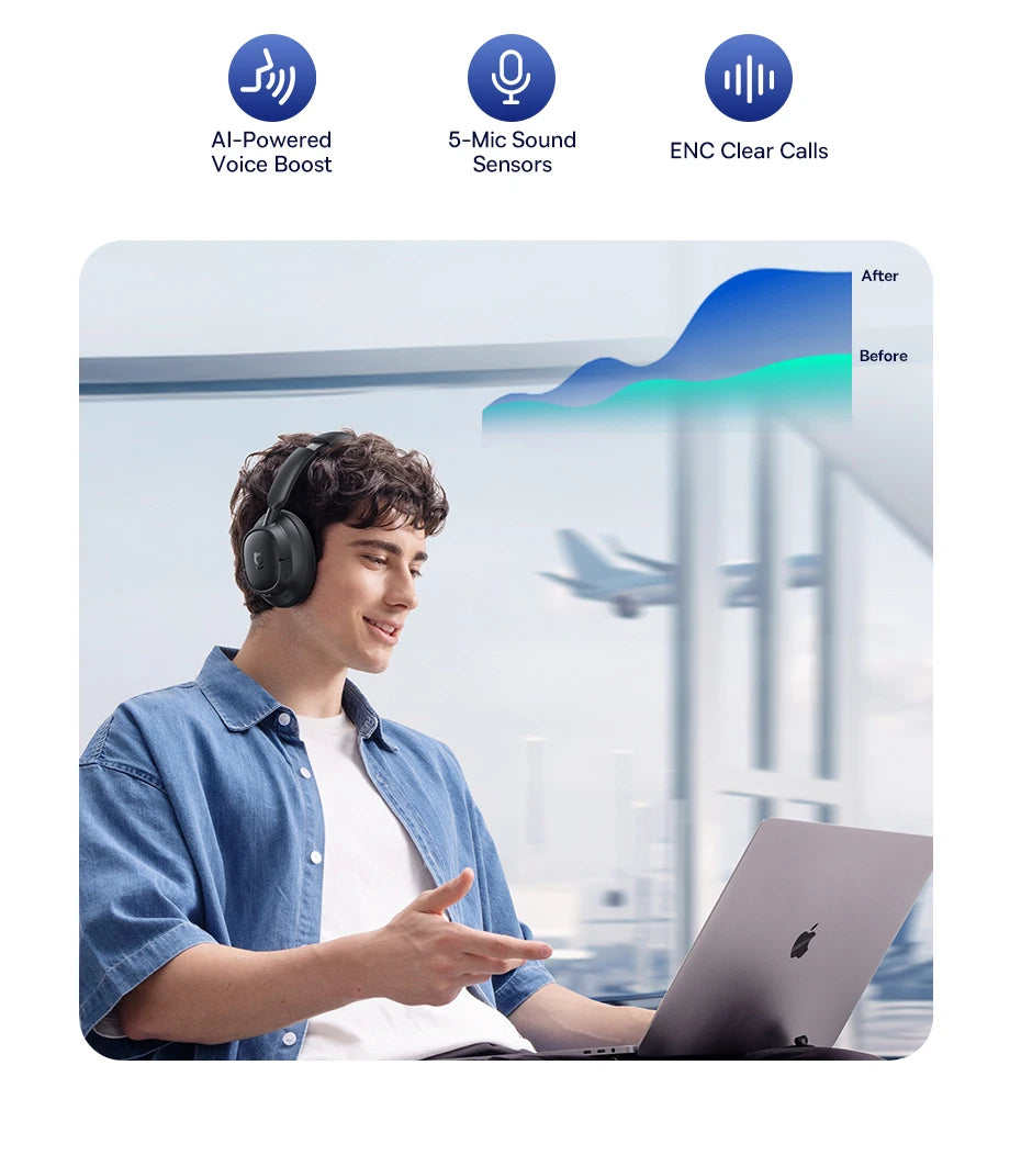 Baseus ANC Wireless Headphones 98% Adaptive Hybrid Noise Cancelling Headsets Hi-Res LDAC Headphone Bluetooth 6.0