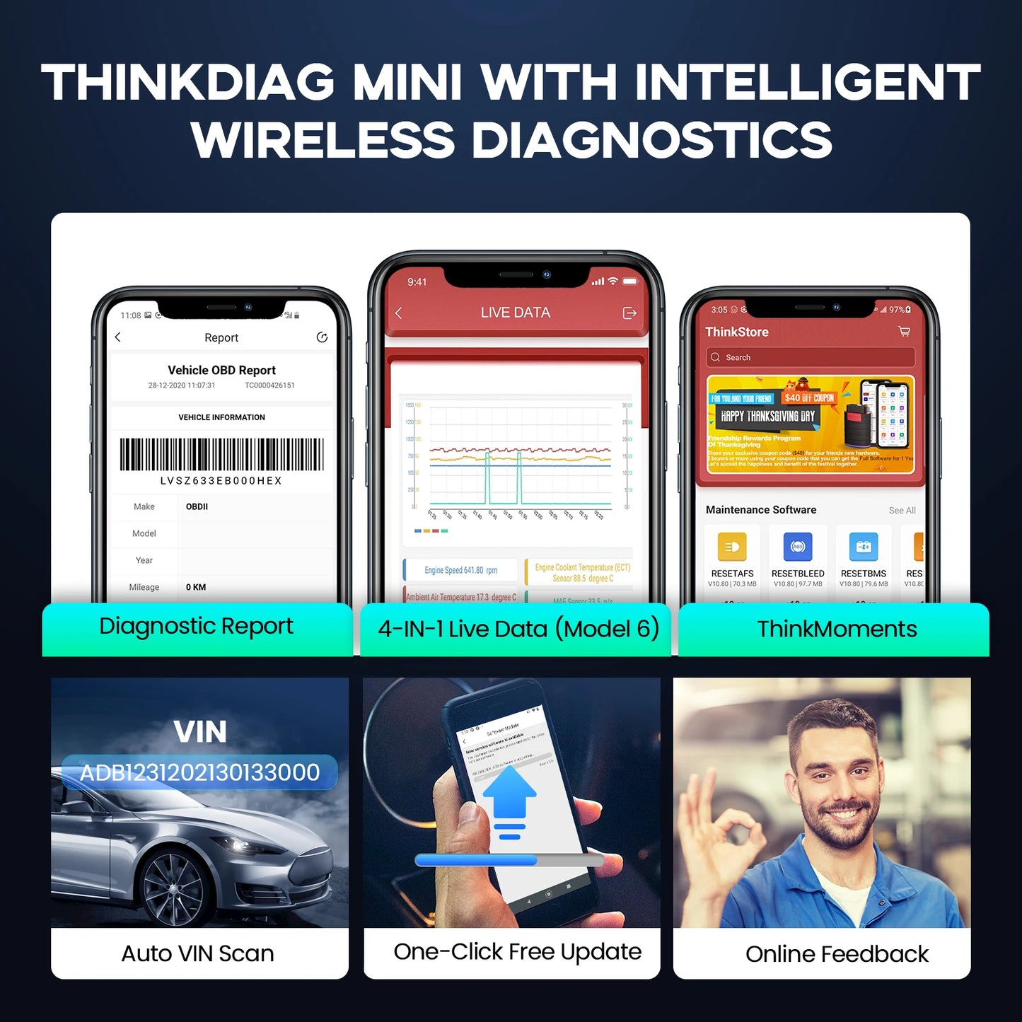 THINKCAR THINKDIAG Mini OBD2 Scanner Lifetime Free Update for All Cars Full System Diagnostic Scan Tool for iOS and Android