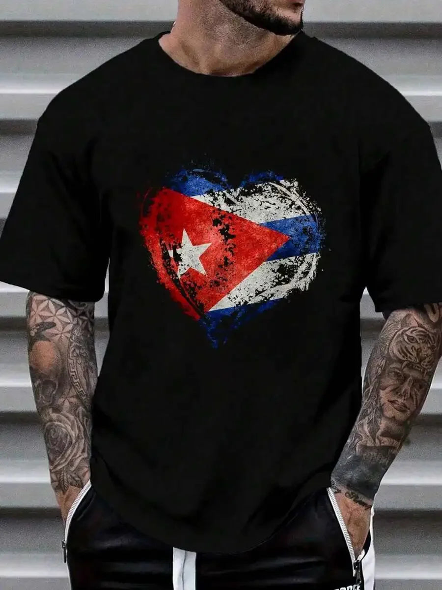 100% Cotton Hispanic Heritage Month Flag Heartbeat Cuban Heart T-Shirt Women's Men's Graphic Tee Causal Tops Fashion Tshirt Shor