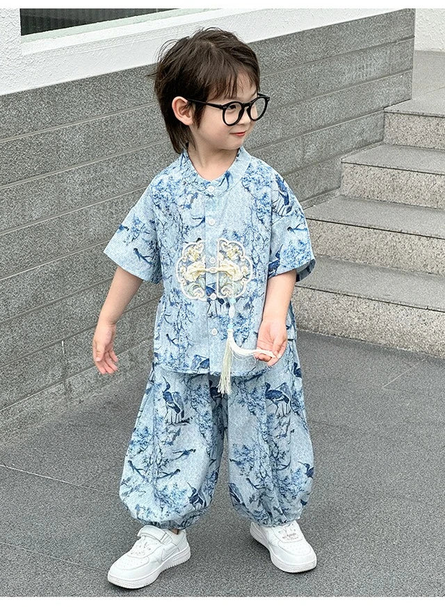 Fashion Baby Tang Costume Tops Pants Two-piece Set Boy Outfit Casual Children's Sets Summer Tweens Boys Hanfu Suit Kids Clothing