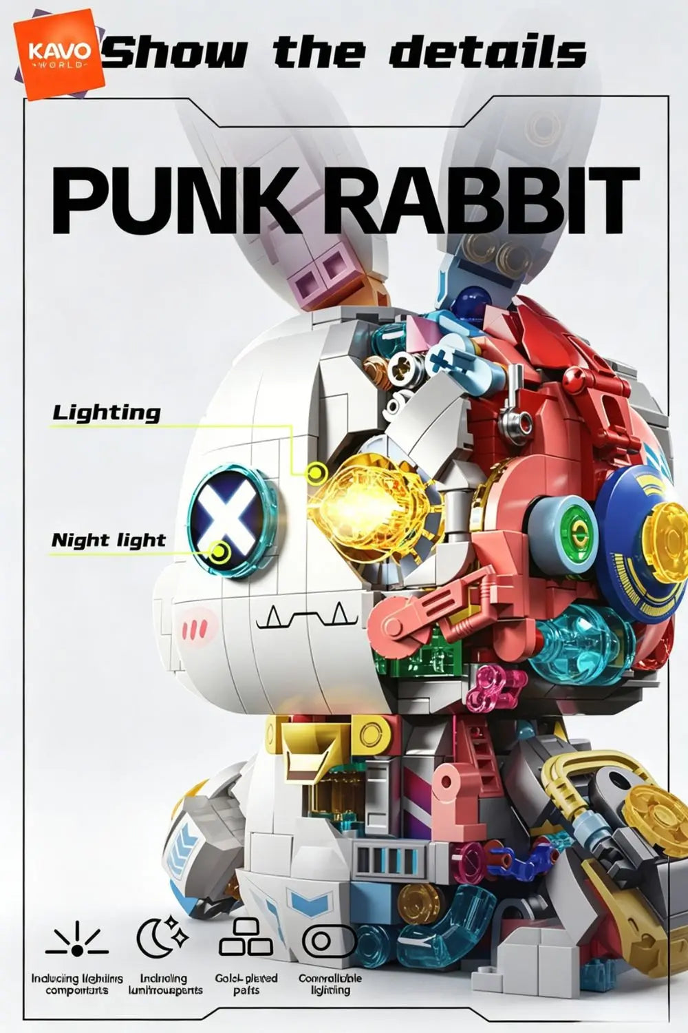 KAVOWORLD 1377pcs Mecha Technical Rabbit Building Blocks Set Cyber Bunny Model Kit Mechanical Animal Building Bricks Robot Bunny Figure Cyborg Toy Tech Bunny LED Light Up Glow in Dark Collectible Display Posable Joints DIY As