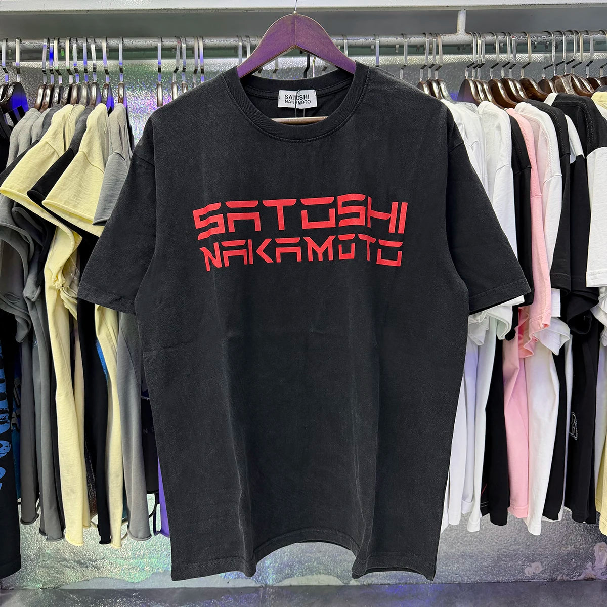 Free shipping New Satoshi Nakamoto fashion T-shirt hotfix rhinestone and Printed with Washed Oversized 100% cotton Men Women T-shirts Y2K Fashion streetwear