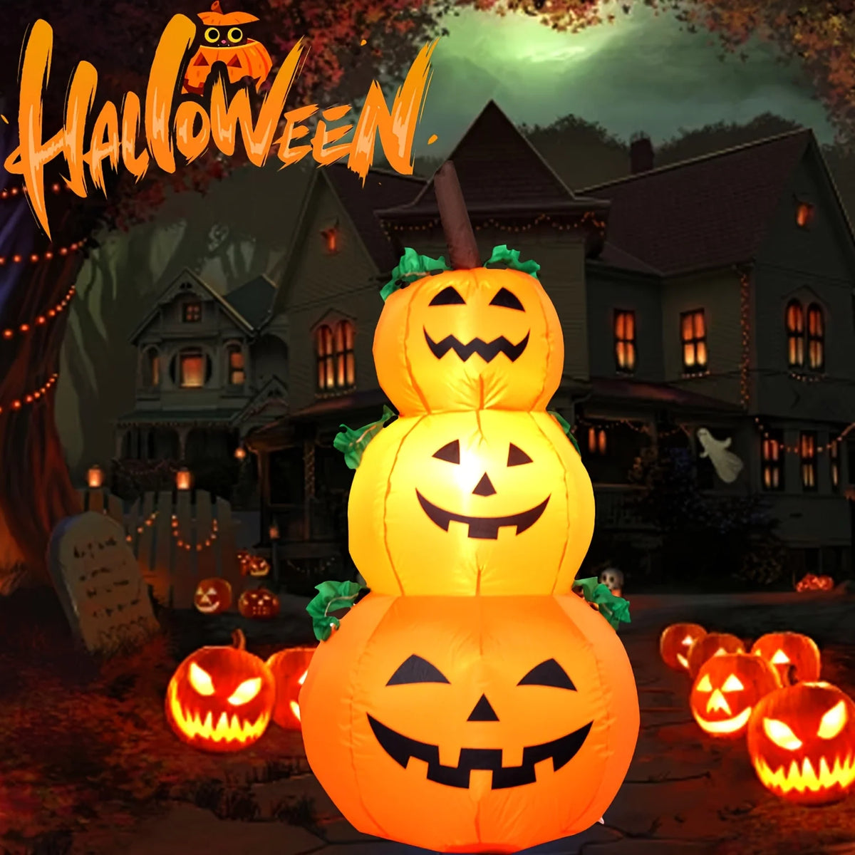 3.9FT LED Halloween Inflatable Pumpkin Decoration Stacked Pumpkins Blow Up with Built-in Lights Outdoor Airblown Yard Decor for Garden Lawn Porch Party Glowing Pumpkin Photobooth Prop New Arrivals