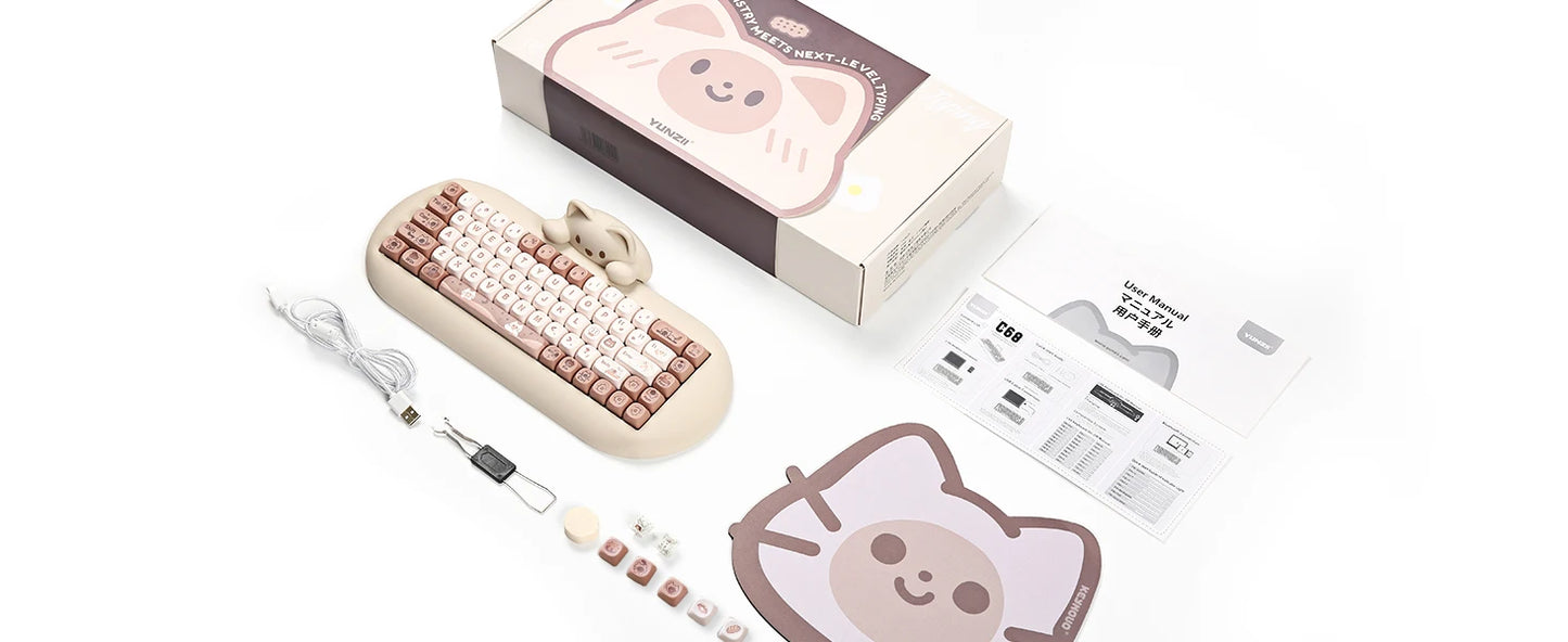 YUNZII C68 Wireless Gaming Keyboard, Hi-Fi Cute Cat Custom RGB Mechanical Keyboard, Silicone 65% Hot Swap Ergonomic Kitty Keeb